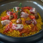 Toumeric couscous with tuna* bites, taggiasca olives, confit cherry tomatoes and thyme